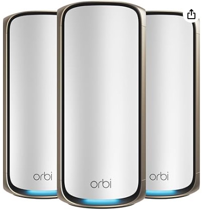 Best Wi-Fi 7 Mesh for Thick Concrete or Stone Wall Houses NETGEAR Orbi 970 Series Quad-Band WiFi 7 Mesh Network System (RBE973S), Router + 2 Satellite Extenders, Security Features, Up to 27Gbps, Covers Up to 10,000 sq. ft., 200 Devices, 10 Gig Internet Port
