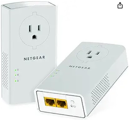 Best Powerline Adapters for Smart Devices in Remote Garages or Barns NETGEAR Powerline Adapter Kit, 2000 Mbps Wall-Plug, 2 Gigabit Ethernet Ports with Passthrough + Extra Outlet (PLP2000-100PAS), uses Your existing Internet Service via Household Wiring