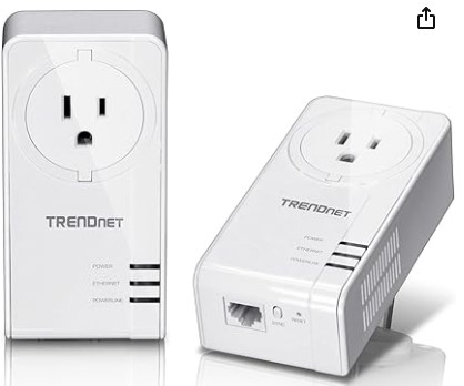 Best Powerline Adapters for Smart Devices in Remote Garages or Barns TRENDnet Powerline 1300 AV2 Adapter with Built-in Outlet Adapter Kit, Includes 2 x TPL-423E Adapters, IEEE 1905.1 & IEEE 1901, Gigabit Port, Range Up to 300m (984 ft), White, TPL-423E2K