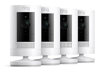 Best Smart Driveway Alarms with Vehicle/Pedestrian AI Detection Ring Outdoor Cam (Stick Up Cam), Weather-resistant home or business security camera, outdoor ready, Live View, Color Night Vision, Two-Way Talk, motion alerts, Works with Alexa, 4-pack, White